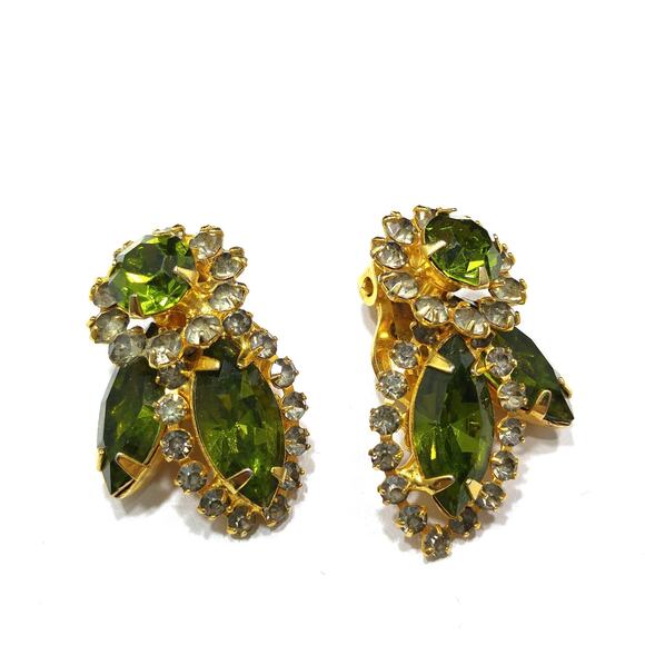 Weiss Green Clear Rhinestone Earrings, Gold Plated, 1960s Vintage Jewelry - Picture 2 of 10